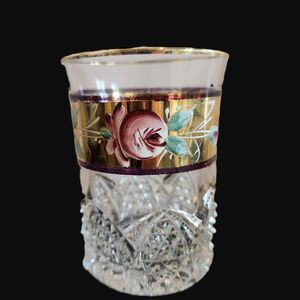 EAPG Antique Hand Painted Tumbler Drinking Glass Button & Arches Gold Dated 1914
